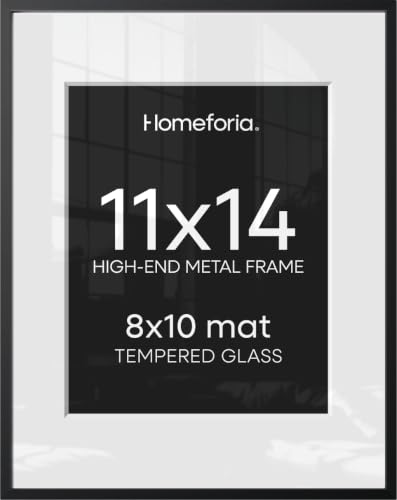 Homeforia 11x14 Black Picture Frame, High-End Metal, 8x10 Mat, Glass