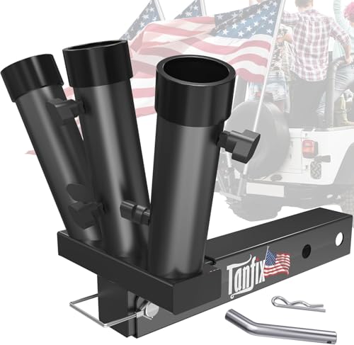 Foldable Triple Hitch Mount Flagpole Holder | All Metal Heavy- Duty, Fits Standard 2" Trailer Hitch, Compatible with Jeep, Truck, SUV, RV, Pickup, Camper Trailer (Triple Flagpoles)