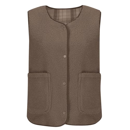 Women 2024 Fall Reversible Vests Sherpa Fleece Jackets Cozy Sleeveless Button Down Plaid Gilet Waistcoat with Pockets2
