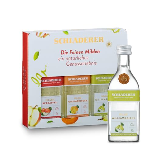 Schladerer Digestif Geschenk-Set Mini - Die Feinen Milden - Tasting-Set mit Goldaprikose, Bergapfel & Williamsbirne - Ideal zum Verschenken (3 x 0,03l)