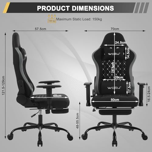 Sedia Gaming con Massaggiatore, Poltrona Ufficio Ergonomica, Sedia da Scrivania reclinabile, Poggiatesta,Supporto Lombare, 150 kg, Tessuto tecnologico, Nero+Grigio - Sedia gaming - Immagine 2