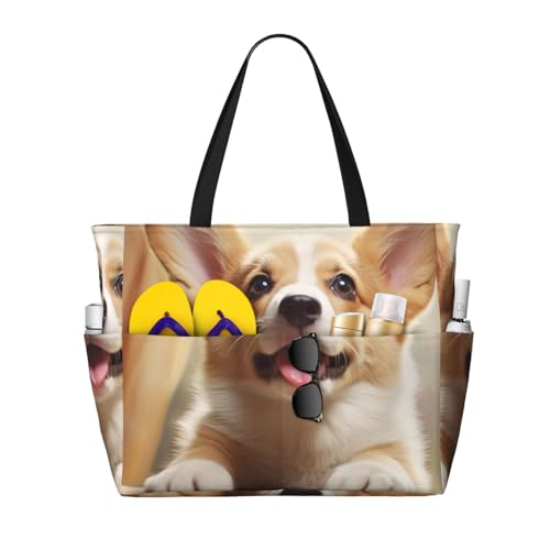 Beach Bags For Women Large Waterproof Sandproof Beach Tote Bag Lightweight Zipper Carry On Bag Cute Corgi Pool Bag For Gym Travel Vocation