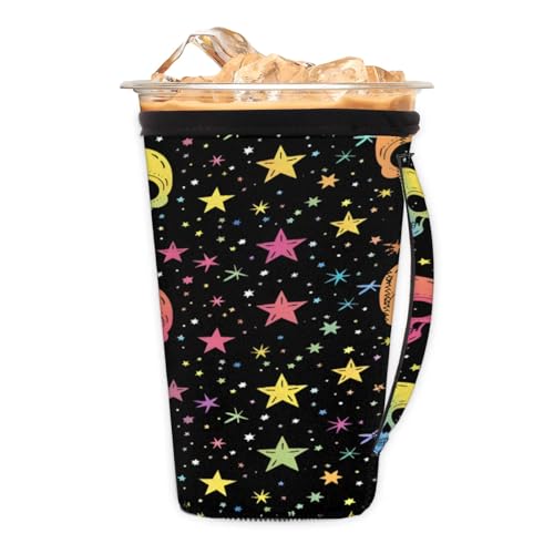 Abstract Colorful Star Skull Reusable Neoprene Coffee Sleeve with Handle Insulated Iced Coffee Cup Holder Reduces Condensation Fits 24-28 oz Cups M