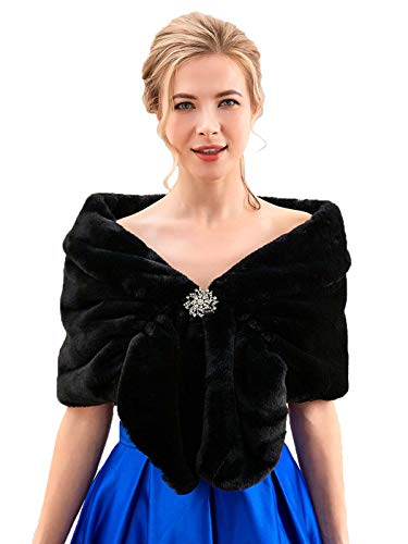 Zoestar Women's Wedding Faux Fur Wraps and Shawls Winter Fur Cape Bridal Fur Stole for Bride and Bridesmaids (B-Black)