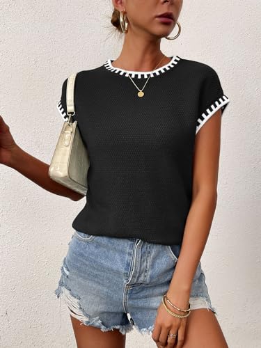 Image of Cap Sleeve Sweater Tops for Women 2026 Knit Summer Sleeveless Tank Vest | Slim Fit, Trendy Color Block, Soft, Skin-Friendly, Strechy, Lightweight, Breathable, Casual Daily Wear