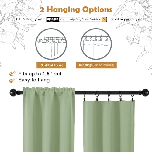 Image of Aiyufeng Light Green Blackout Curtains for Bedroom 63 Inch Length 2 Panels, Solid Thermal Insulated Energy Saving Rod Pocket Window Treatment Curtains Blackout Drapes, W40 x L63 Inch,Light Green