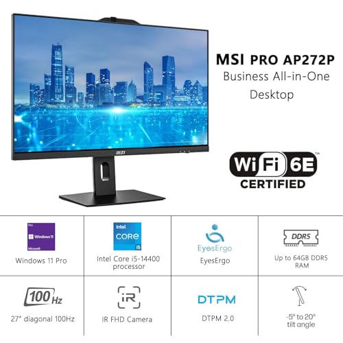 Image of msi PRO AP272P Business All-in-One Desktop, Intel Core i5-14400 | 32GB RAM, 1TB SSD, 27 inch IPS FHD 100Hz Eye-Care Display, IR FHD Webcam, Wi-Fi 6E, HDMI, DP, Wireless KB & Mouse, Win 11 Pro