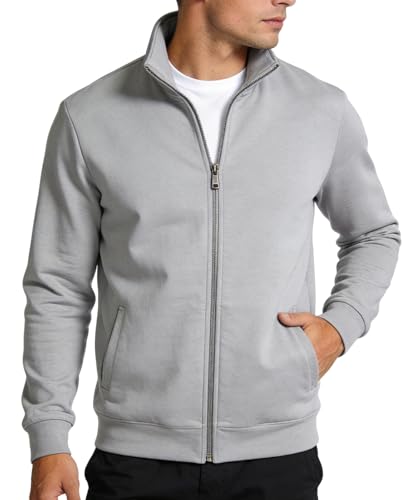 Mlgaril Mens Gray Full Zipper Sweatshirt Mock Neck Track Jacket Lightweight Fleece Zip Up No Hood Athletic Casual Long Sleeve Pocket 3XL