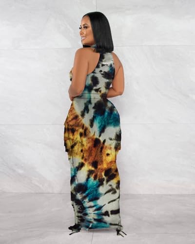 Image of 2 Piece Outfits for Women Sexy Halter Neck Sleeveless Crop Tops Ruched Bodycon Dresses Jumpsuits Fringe Skirt Sets