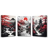 PBXBJY Japanese Canvas Wall Art 3 Pieces Japanese Landscape Painting Prints Red and Black Cherry ...