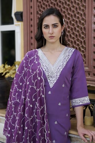 Image of VredeVogel Women's Silk Blend Kurta Pant Set with Chanderi Embroidery Work Dupatta