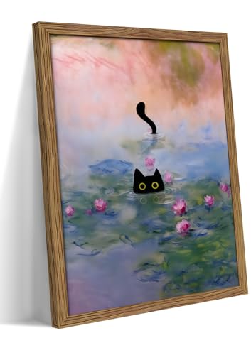 Vintage Framed Cat Canvas Wall Art Monet Print, Funny Black