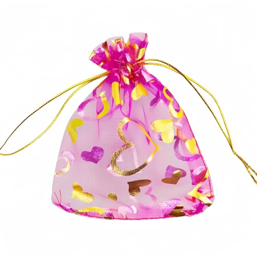 Image of 100 Pack 3.5 x 4.7 Inch Organza Jewelry Gift Pouch B921, Fuchsia Heart | Candy Pouch, Drawstring, Wedding Favor Bags