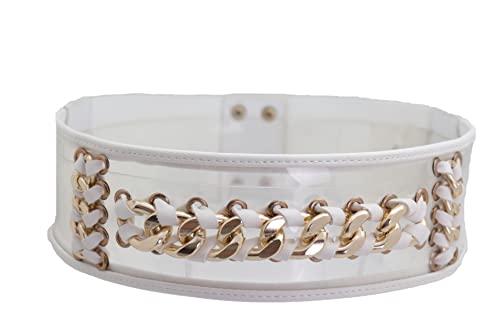 Women Holidays Fashion Wide White Elastic Waistband Clear Belt Hip High Waist Gold Metal Chain Links XS S