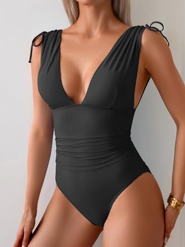 Image of One Piece Swimsuit for Women Tummy Control Ruched Bathing Suit Sexy High Cut Swimwear V Neck Swim Suit
