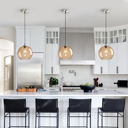 Image of Light Brown Glass Pendant Lights Kitchen Island Globe Pendant Light Fixtures Modern Pendant Lighting for Bedroom Living Dining Room Light Fixture (9.84 in, 2 Pack)