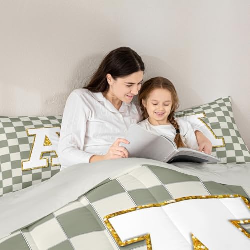 Image of Erosebridal Sage Green Checkered Comforter Set Full Plaid Initial A Bedding Set Personalized Monogram Comforter for Kids Adults,Fashion Grids Gingham Quilt Duvet