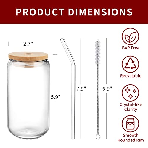 Hoteelee Drinking Glasses With Bamboo Lids And Glass Straw,4Pcs Set,16.9 Oz Can Shape Beer Glasses Cup,Iced Coffee Glass Jar,Cute Tumbler Cup,Soda,Iced Tea,Goblet Cup,Ideal For,Cocktail,Whiskey,Wine #TOP4