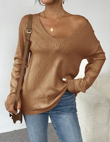 Image of Zeagoo Womens Sweaters Fall Trendy Casual Long Sleeve Shirt Lightweight V Neck Off Shoulder Crochet Pullover Top Outfit