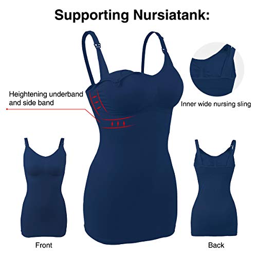 iloveSIA 2-Pack Seamless Nursing Cami Tank Top – Built-in Maternity Bra, Adjustable Straps, Soft Cotton for Comfortable Breastfeeding, Ideal for Pregnancy & Postpartum Black+Blue Size L - Thumbnail 4