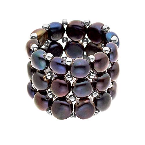 PEARLS & COLORS - Bague 3 Rangs - Véritables Perles d'Eau Douce 3-4 mm - Qualité AAA+ - Taille Adaptable - Bijou Femme