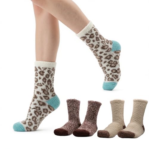 Fuzzy Socks for Women - 3 Pack Cozy Slipper Socks (Brown Gra