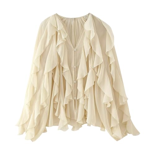 Womens Ruffle Chiffon Blouse Trendy Semi Sheer V Neck Top Long Sleeve Button Down Oversized Shirts