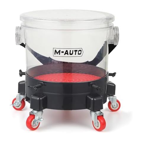 M-AUTO 5 Gallon Rolling Bucket Dolly with Dirt Trap and 5 Rolling Swivel Caster, Sit-able & Non-Slip Lid, Rolling Bucket for Car Washing and Detailing, Transparent Cover