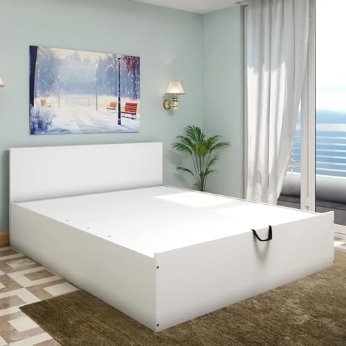 Image of VIKI Hydraulic Queen Size Bed with Storage (78x60) | Engineered Wood Hydraulic Lift Wooden Bed Frame for Bedroom | Modern Storage Cot | Frosty White Finish | Free Assembly | 1 Year Warranty