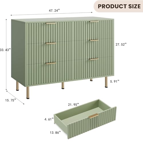Green 6 Drawer Dresser for Bedroom, Fluted 47.2" Wide Modern Chest of Drawers with Deep Drawers, Long Large Double Dresser TV Stand for Living Room, Hallway, Kids Room