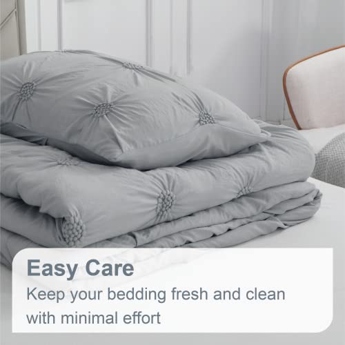 Swift Home King Cal King Gray 3-Piece Down Alternative Comforter Set Bedding Ruched 3D Floral Pintuck All-Season, Machine Washable #TOP4