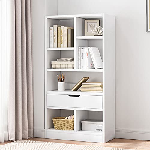 Iotxy Wooden Open Shelf Bookcase - 51 Inches Height Freestanding Display Storage Cabinet Organizer With 7 Cubes And A Drawer, Floor Standing Bookshelf In Warm White #TOP1