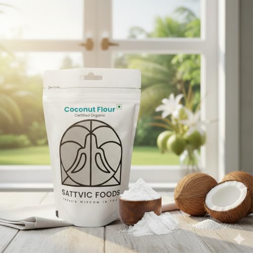 Image of Sattvic Foods Coconut Flour (250 g) | Certified Organic, Keto-Friendly, Gluten-Free, Defatted, Unrefined | High Fibre & Healthy Fats, Low Carb | Perfect for Baking Bread, Cakes, Pies & Tortillas
