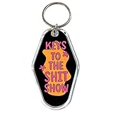 Chaveiro Black Keys to the Shit Show, etiqueta acrílica estilo motel com design rosa e laranja, acessório leve para mochilas e bolsas