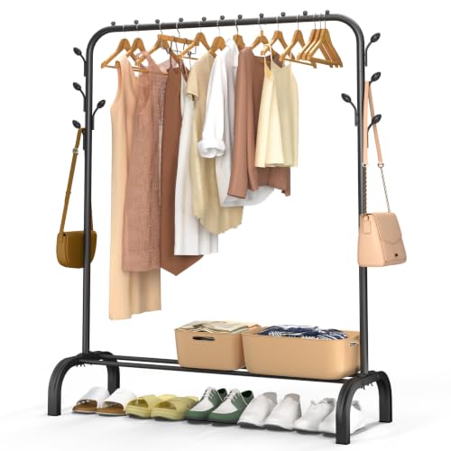 VOUNOT® Burro Ropa Resistente, Perchero Burro Metálico con Soporte para Zapatos, Organizador de Ropa con Zapatero y Ganchos Laterales, Colgador para Dormitorio y Vestidor, 110x41x147 cm, Negro