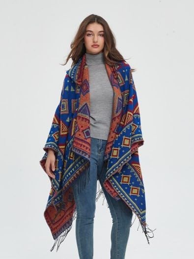 Women's Vintage Pattern Open Front Hooded Poncho Cape Shawl Winter Shawl Wraps3