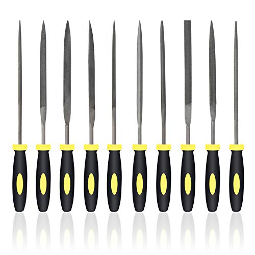 Needle File Set, High Carbon Steel File Set with Plastic Non-Slip Handle, Hand Metal Tools for Wood, Plastic, Model, Jewelry, Musical Instrument and DIY (10pcs)