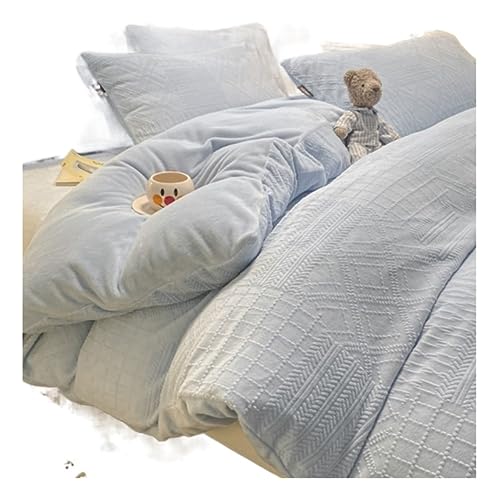 Parure de lit double velours corail anti-froid drap-housse matelassé bleu