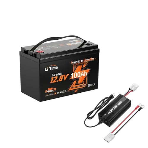 LiTime 12V 100Ah TM Bluetooth �����_�S���`�E���C�I���o�b�e���[ 12V20A LiFePO4�[�d�� �Z�b�g �����[�g�Ǘ��@�\ �ቷ�ی� 100A BMS���� Group31�T�C�Y LiFePO4 �g���[�����O���[�^�[�A���b�g�A