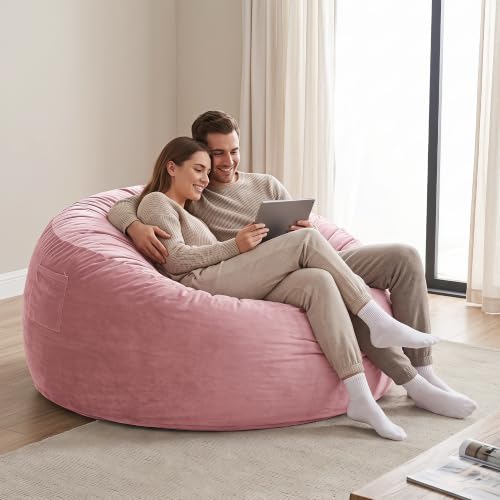 Image of Kromax Bean Bag Chair with Filling Included, Large 4FT Comfy Bean Bag Chairs for Adults, Teens, Memory Foam, Machine Washable Thick Dutch Velvet Cover, for Living Room, Den, or Bedroom, Pink