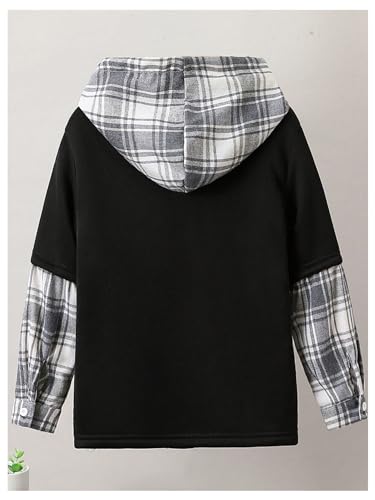 Verdusa Boy's 2 in 1 Hooded Sweatshirt Top Plaid Print Front Pocket Drop Shoulder Hoodie2