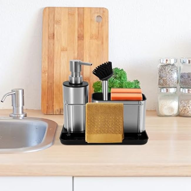 Sponge Holder for Kitchen Sink, Kitchen Sink Caddy with Soap Dispenser and High Brush Holder, Organizers and Storage Essentials (Silver)