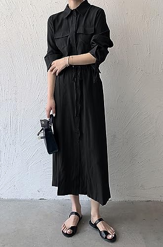 Image of Women Roll-Up Long Sleeve Button Down Shirt Midi Dress