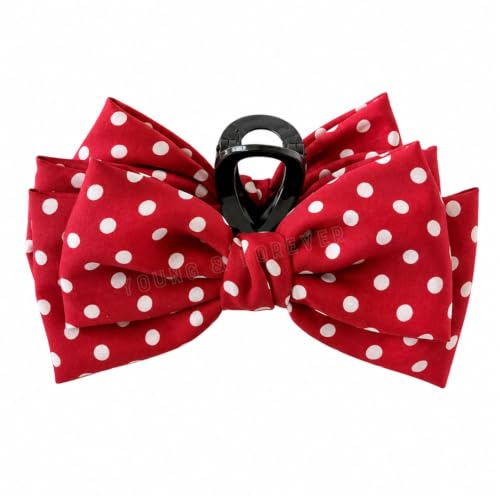 Image of Young & Forever Oversized Polka Dot Bow Hair Claw Clip for Women & Girls - Stylish Red & White French Barrette Hair Accessory for Long & Thick Hair - Elegant Retro Party & Casual Hair Clip