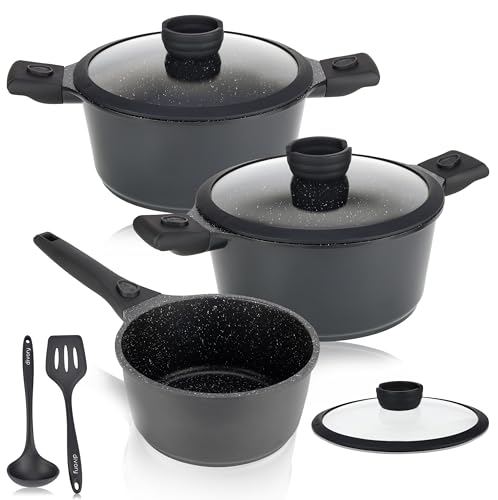 DIVORY Topfset - 8-tlg abnehmbare Griffe - Stielkasserolle 18cm, Kochtopf 20cm, Topf 24cm mit Deckel, Induktion Kochtöpfe, beschichtete Töpfe, Spülmaschinenfest & Backofenfest