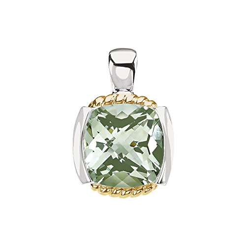 14k Yellow Gold and 925 Sterling Silver 11mmx11mm Polished Gen Checkerboard Green Quartz Pendant Necklace Jewelry Gifts for Women