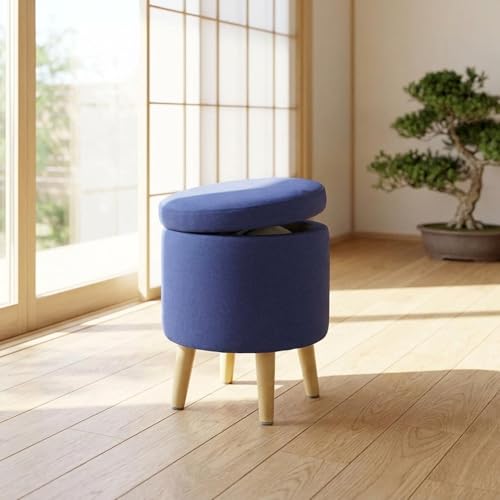 収納付きスツール 丸型 木製脚 クッション座面 小物収納 玄関 リビング 寝室 ソファ横 ベッドサイド 省スペース 多種インテリアに適し お部屋整理に便利 (グリーン,A) [2]