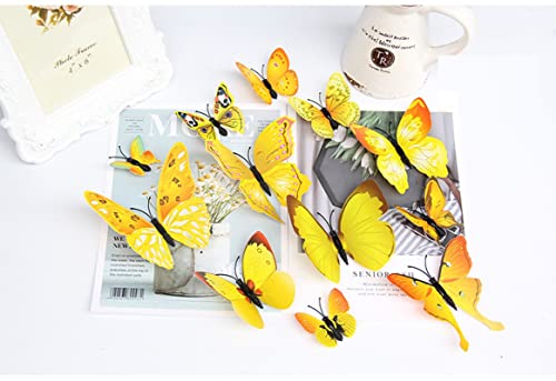 JAAMSO ROYALS Yellow 3D Magnet Butterfly Stickers for Wall, Decoration Items, Butterfly Walls Decor, for Wall-Decoration (Set of 12)-Self-Adhesive