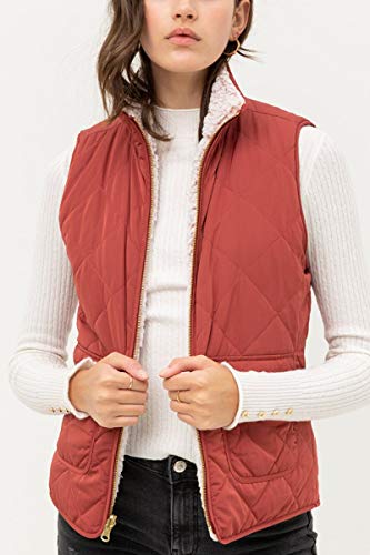 Top Legging Tl Women's Casual Sherpa Fur Vest - Winter Warm Fleece Collar Zip Up Jacket 001_Rust S #TOP2