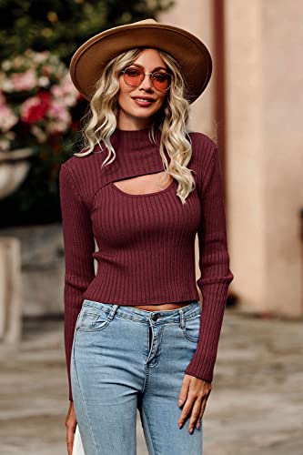 Image of PRETTYGARDEN Women's 2025 Fashion Fall Clothes 2 Piece Cutout Tops Long Sleeve Mock Neck Rib Knit Winter Pullover Sweater (Wine Red,Small)